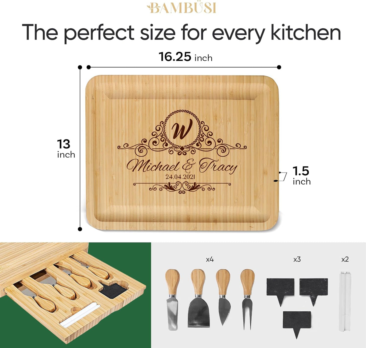 Engraved charcuterie board with drawers open