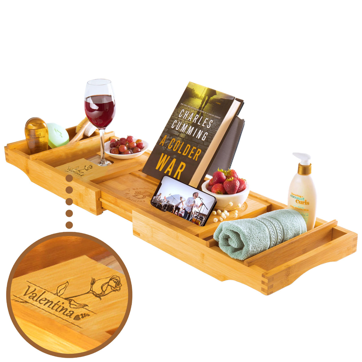 Personalized bamboo bathtub tray engraved with a name