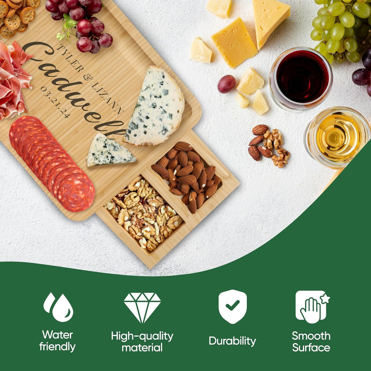Engraved charcuterie board set contents