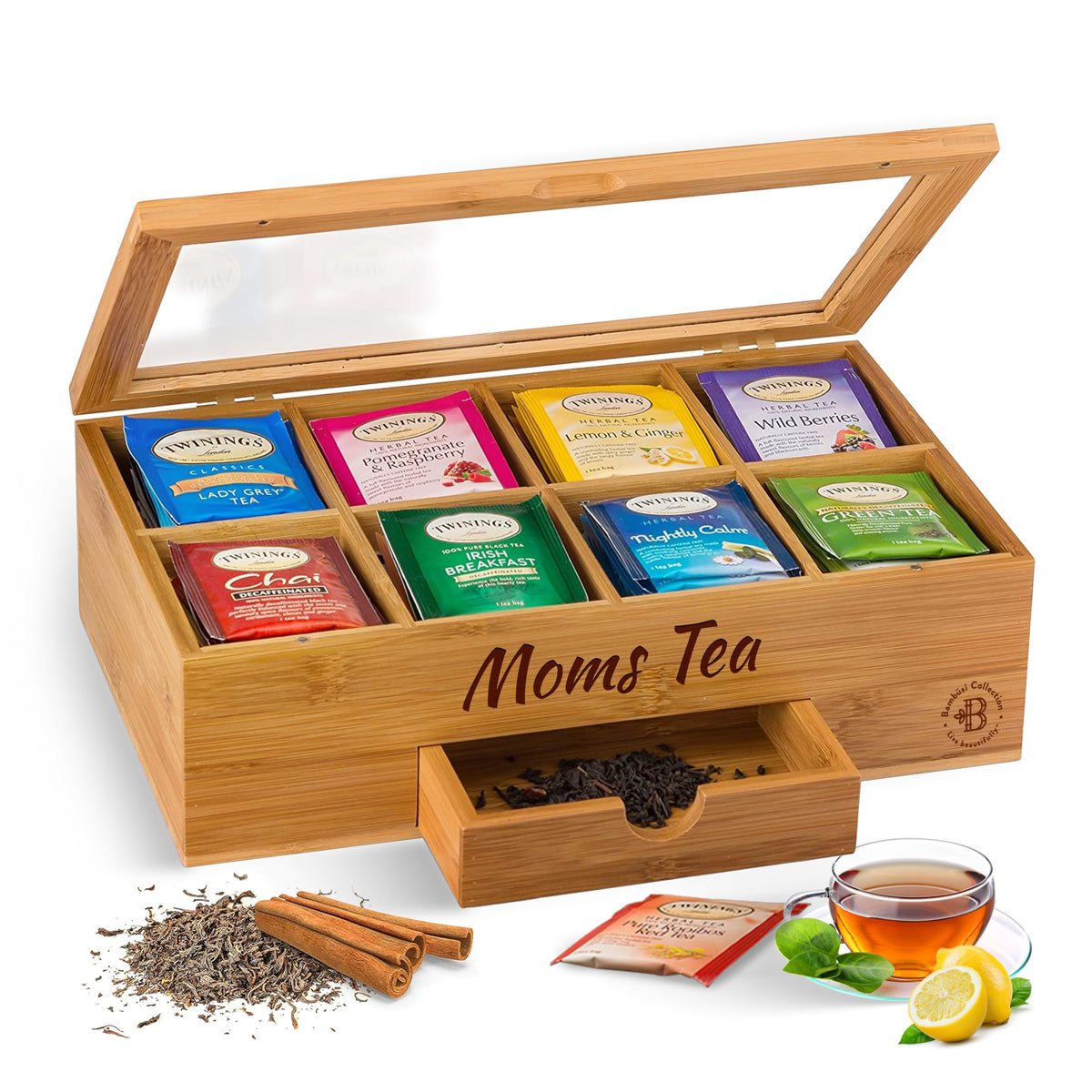 Personalized bamboo tea box engraved with a name