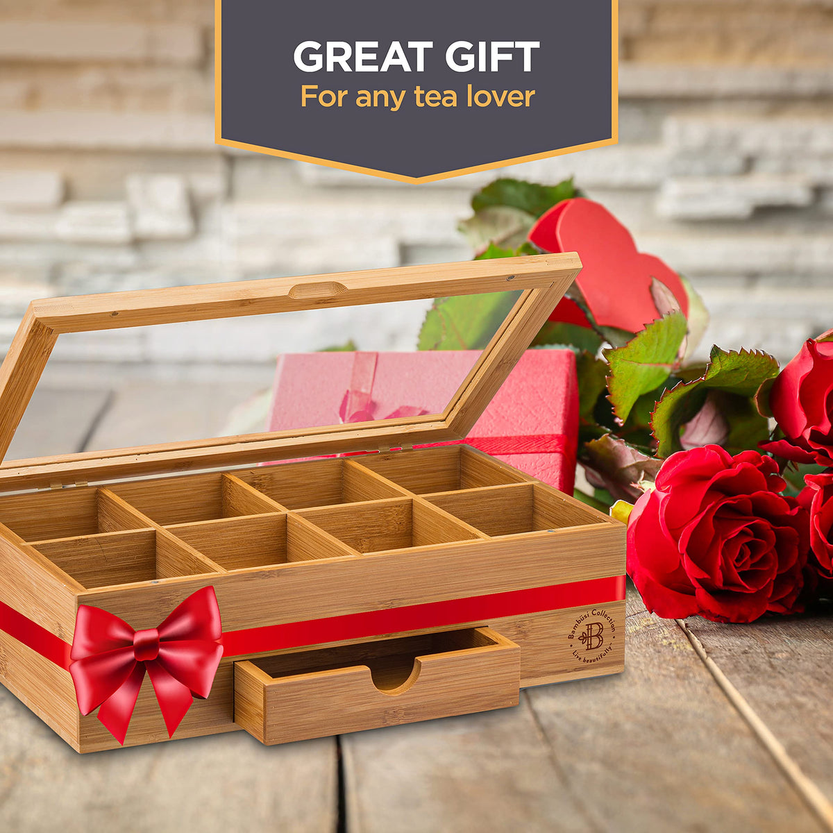 Engraved tea box with 8 compartments