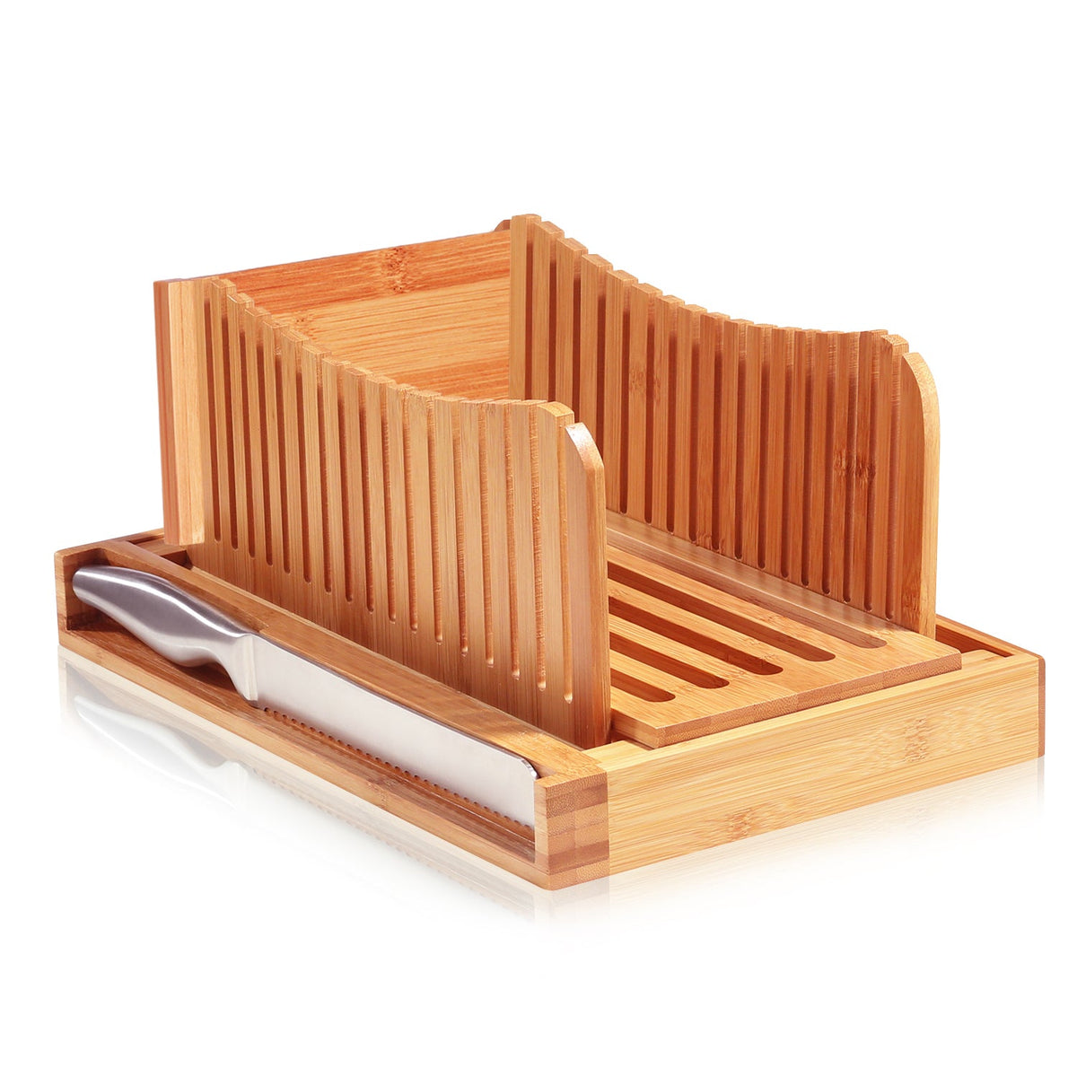 Bamboo bread slicer with knife