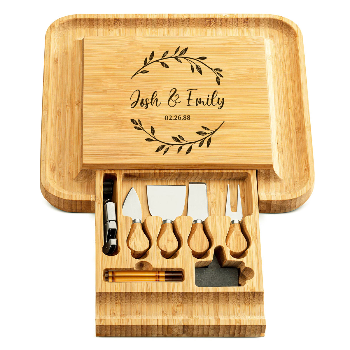Personalized charcuterie board engraved with a family design