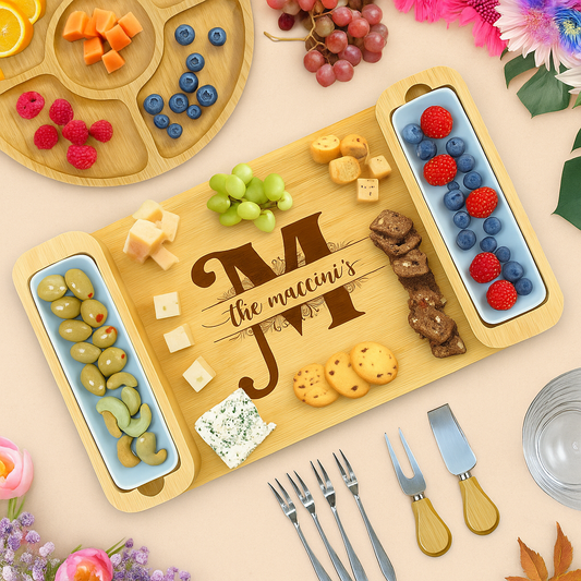 Personalized charcuterie board set with bowls and serving tray