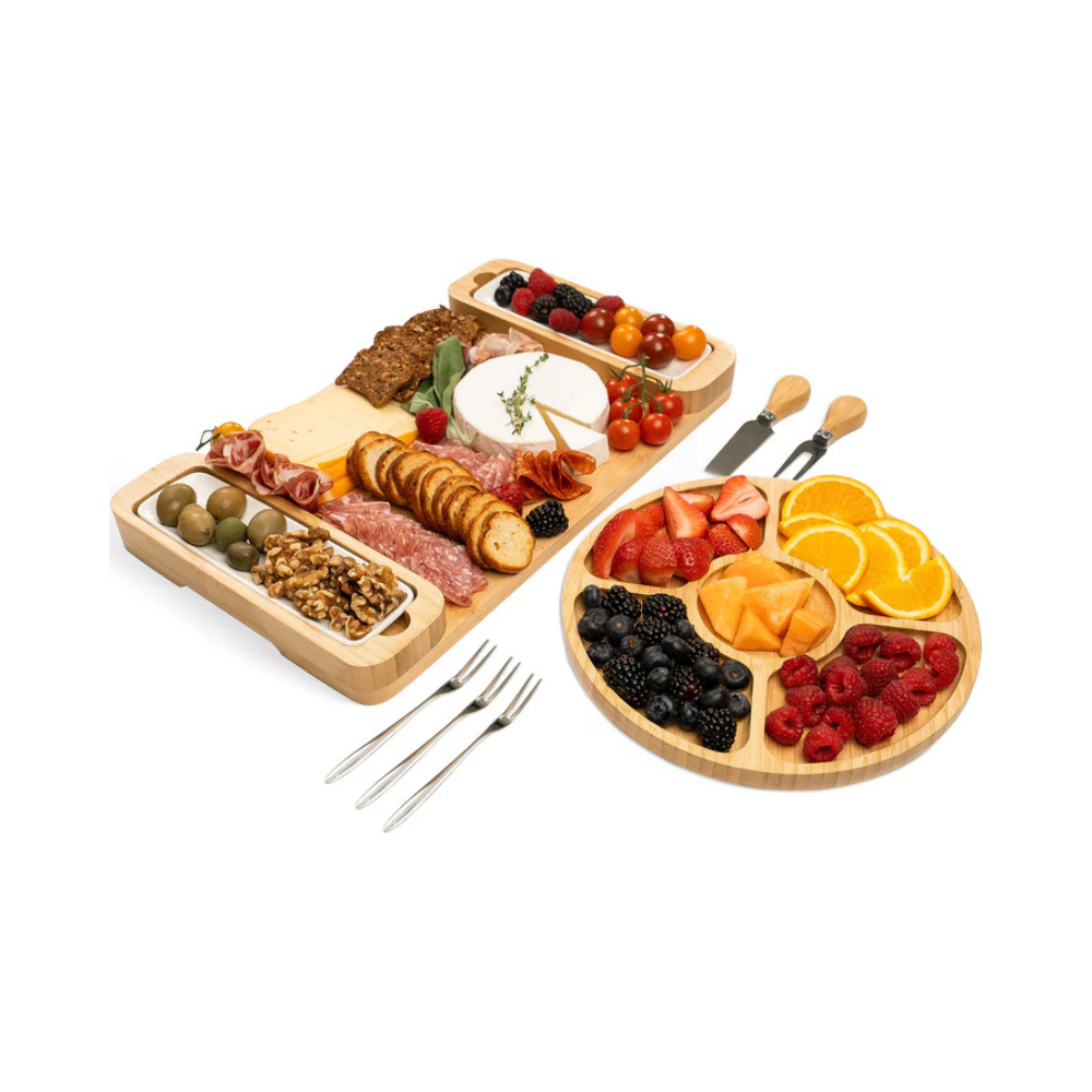 Charcuterie board set with bowls and knives