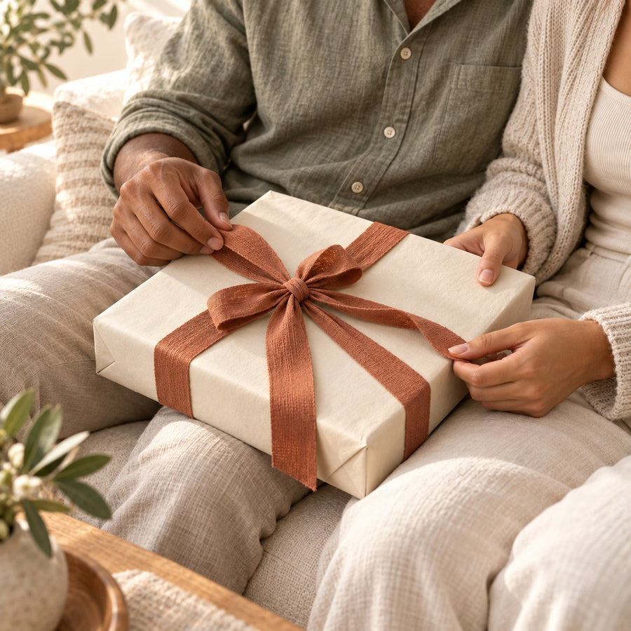 Two people open a wrapped gift together on a sofa.