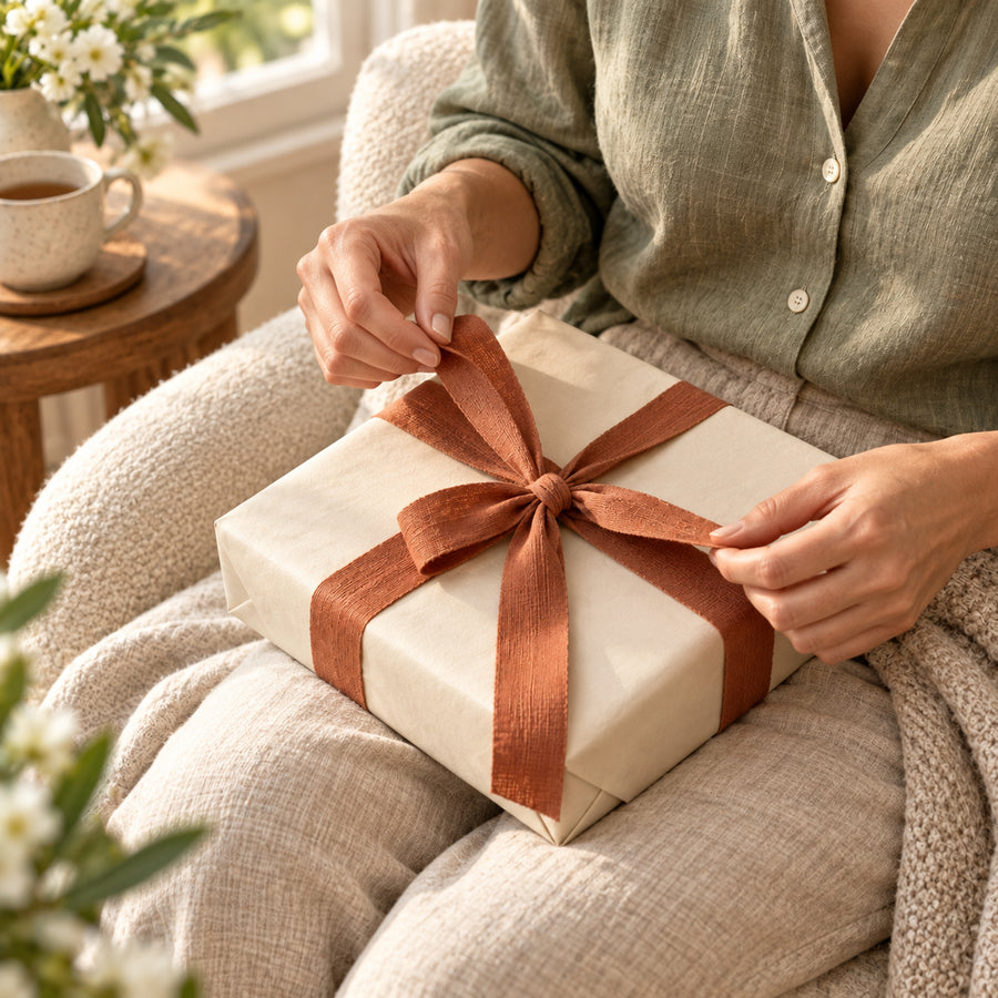 A woman unties the ribbon of a gift in a cozy chair.