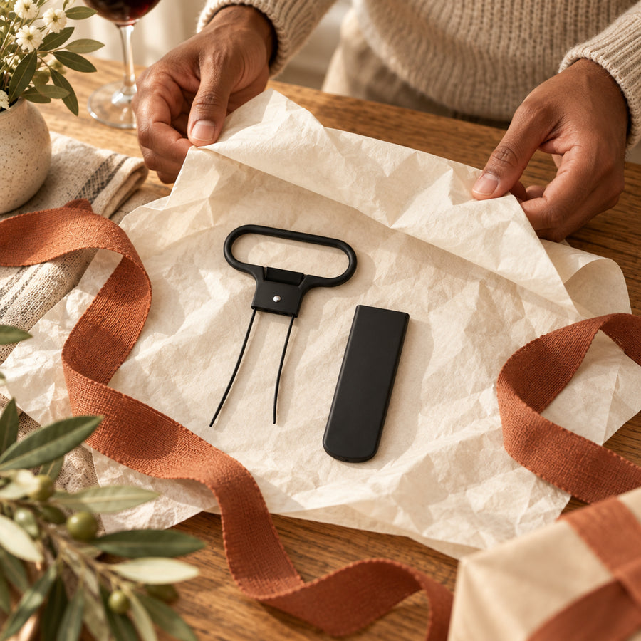 A man unwraps a black two-prong wine opener and sheath.