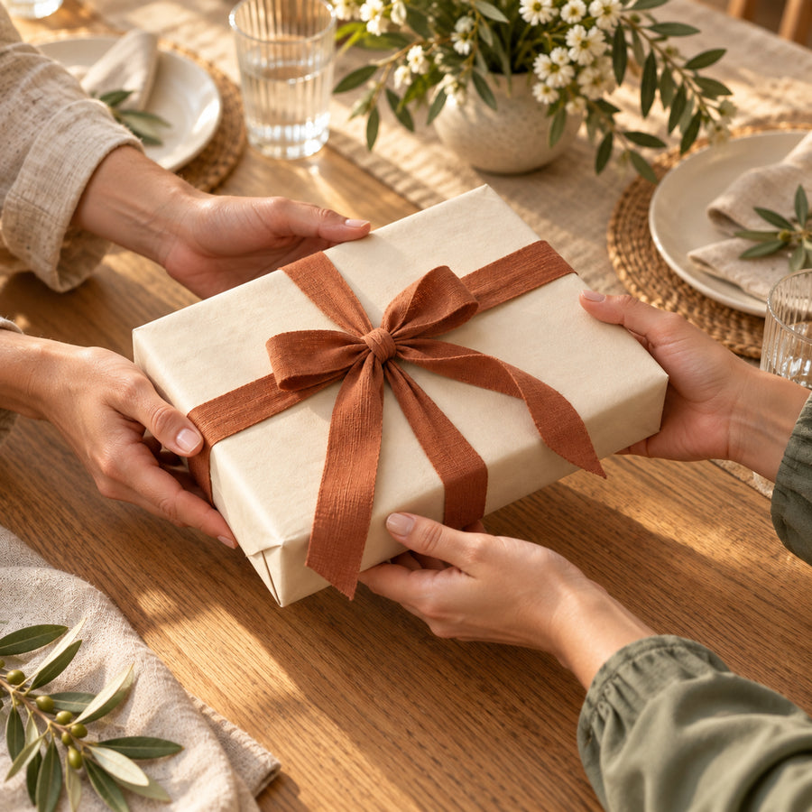 A guest hands a wrapped gift to a host beside a set dining table.