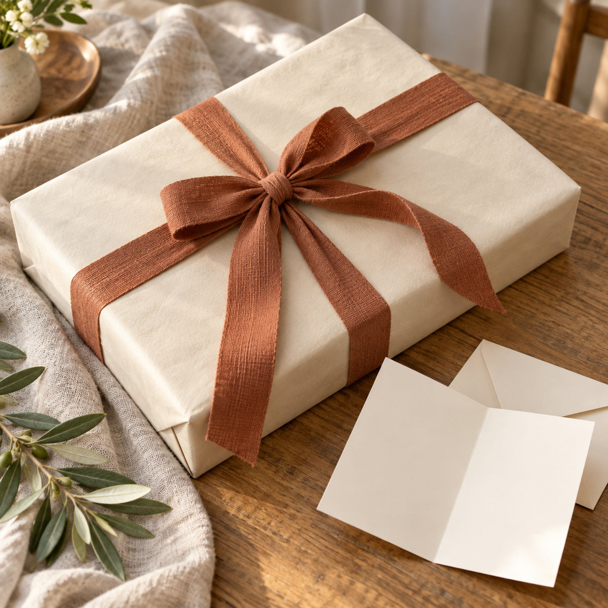 Cream-wrapped gift with a terracotta ribbon and a blank message card.