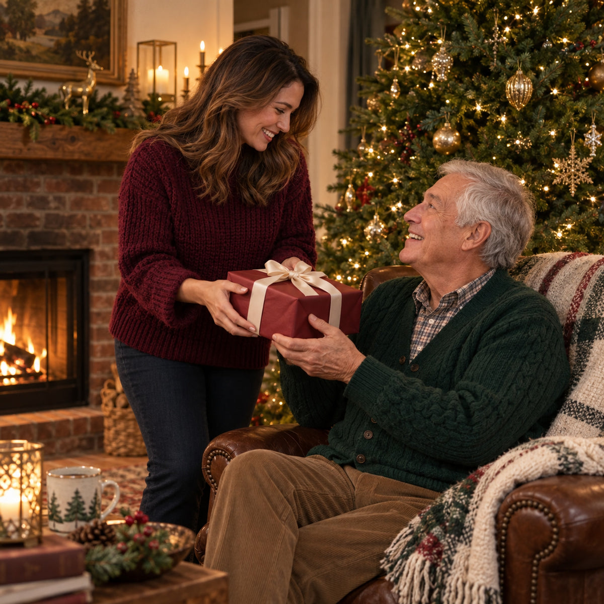A daughter giving her father a Christmas gift beside the tree