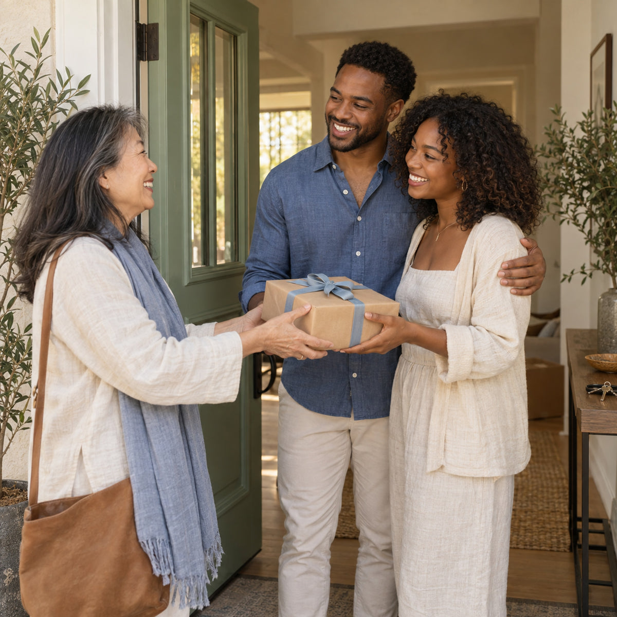 Friends exchanging a housewarming gift at the front door