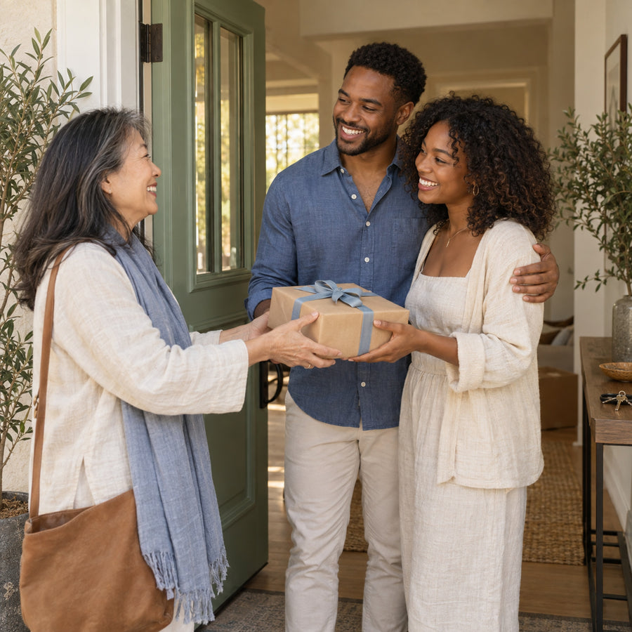 Friends exchanging a housewarming gift at the front door